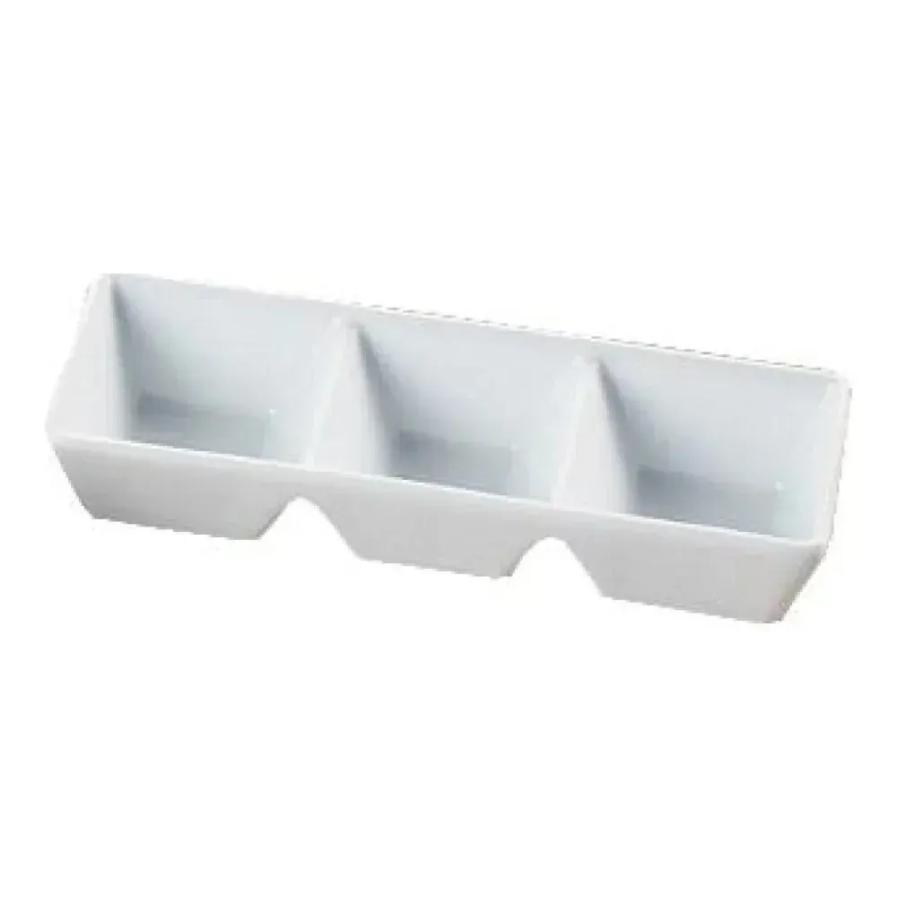White three-divided rectangular tray by Yanco China, compact for hotel and restaurant condiment display, café tasting, and buffet service.