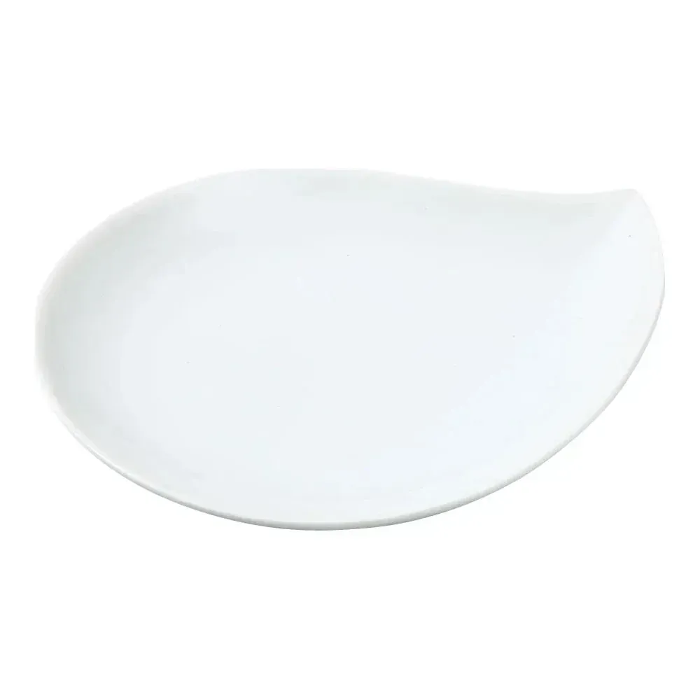 White leaf-shaped plate by Yanco China, elegant for hotel and restaurant appetizer service, café dessert display, and buffet presentation.