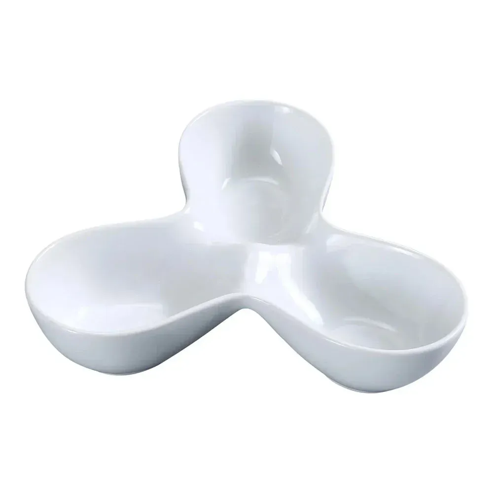 White three-divided rectangular tray by Yanco China, perfect for hotel and restaurant seasoning display, café tasting, and buffet service.