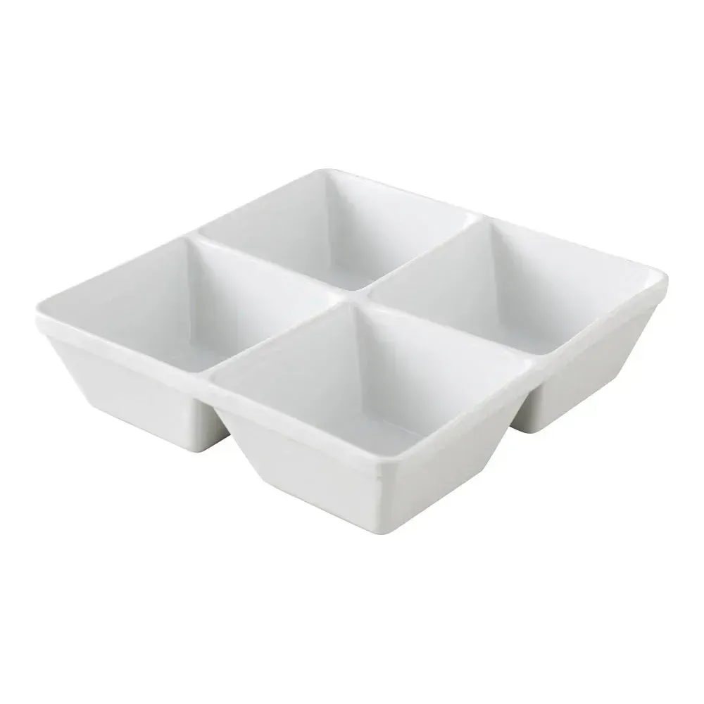 Four-compartment square bowl by Yanco China, ideal for hotel or restaurant sauce tasting, café condiment service, and buffet display.