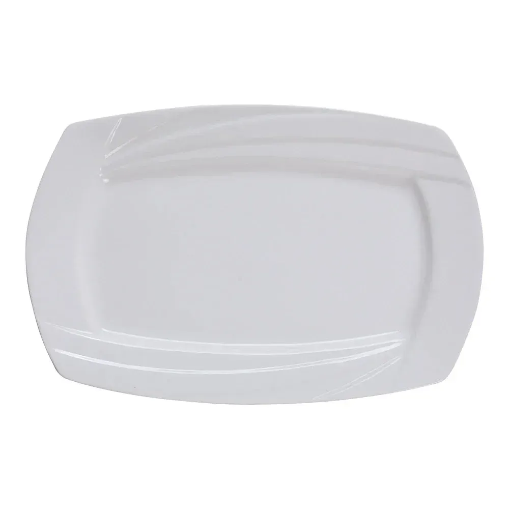 Streamlined rectangular plate by Yanco China, elongated design for stylish appetizers or gourmet café offerings. Durable and elegant.