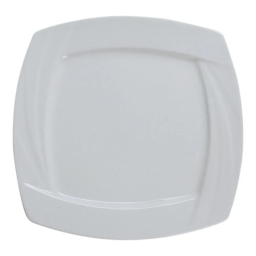 Crisp square plate by Yanco China, geometric design enhances entrée and banquet presentation in hotels and restaurants.