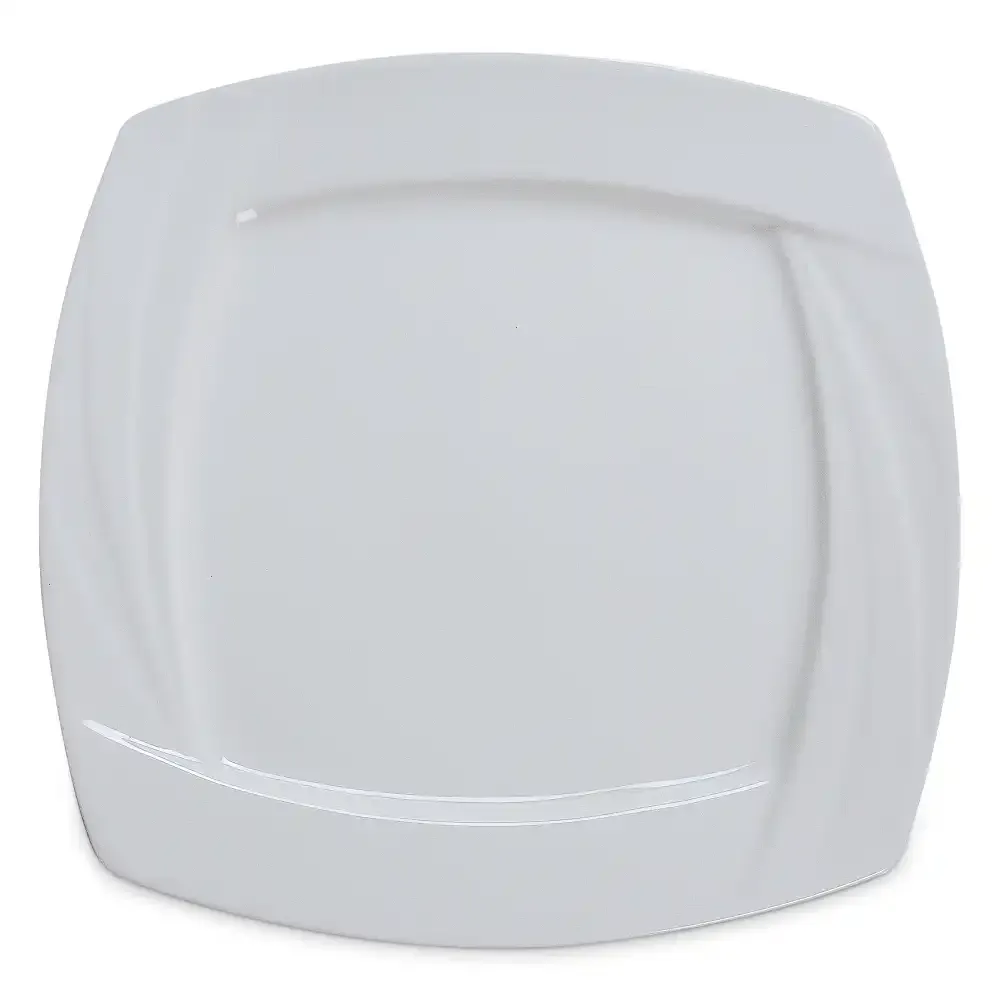 Modern square plate by Yanco China, crisp white design ideal for stylish café or hotel entrée service. Clean-lined and durable.