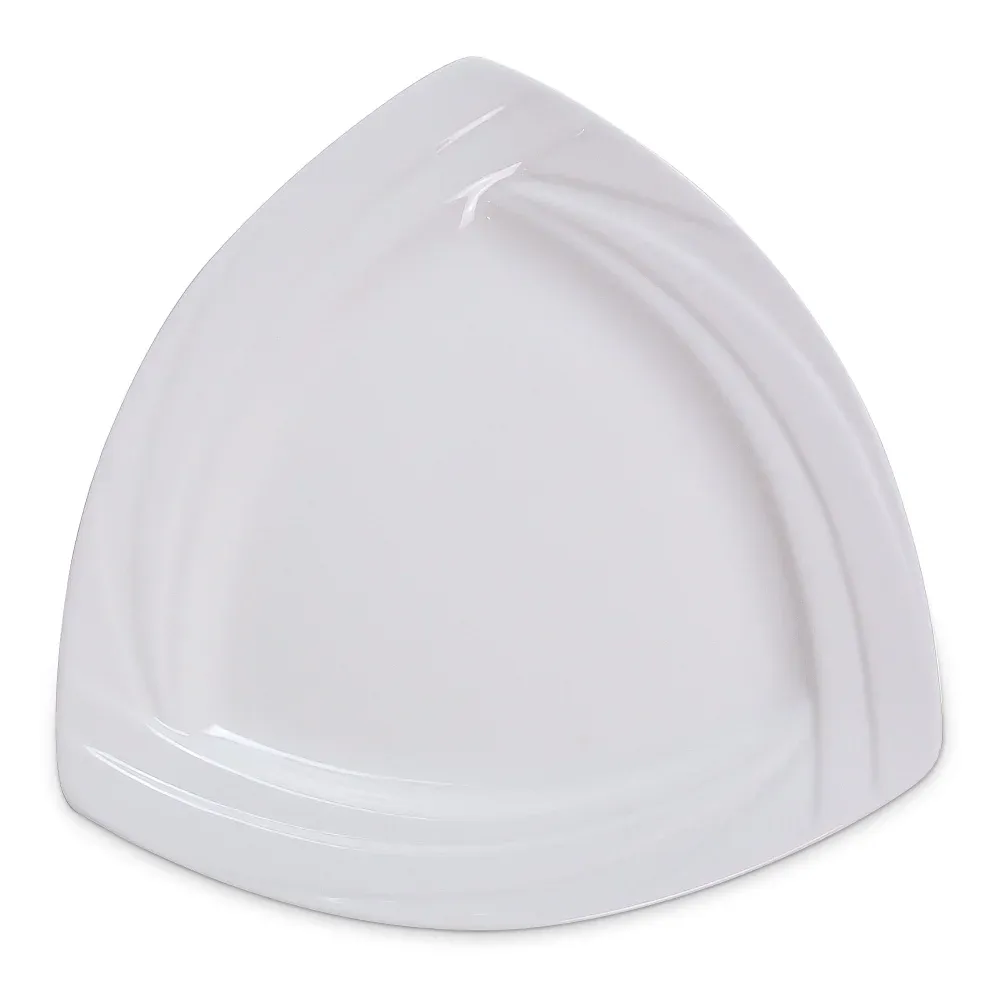 Contemporary triangle plate by Yanco China, adds modern flair to hotel and café presentation. Durable and perfect for bold plating.