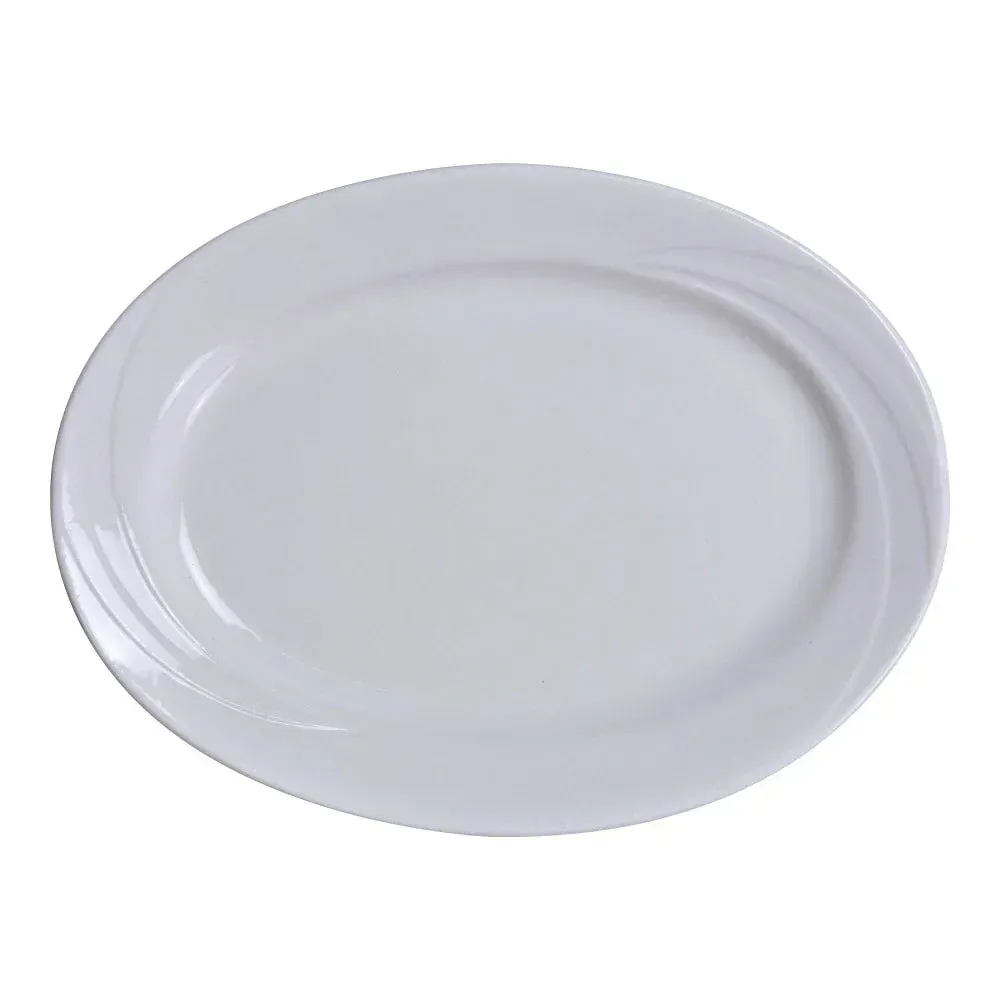 Elegant oval chinaware platter by Yanco China, perfect for buffet centerpieces or shared entrées. Durable and classic for hotel service.