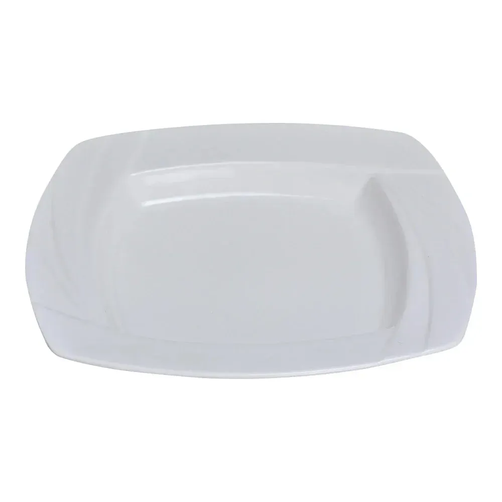 Crisp white square soup plate by Yanco China, ideal for bisques and chowders. Modern touch for hotel or café soup presentation.