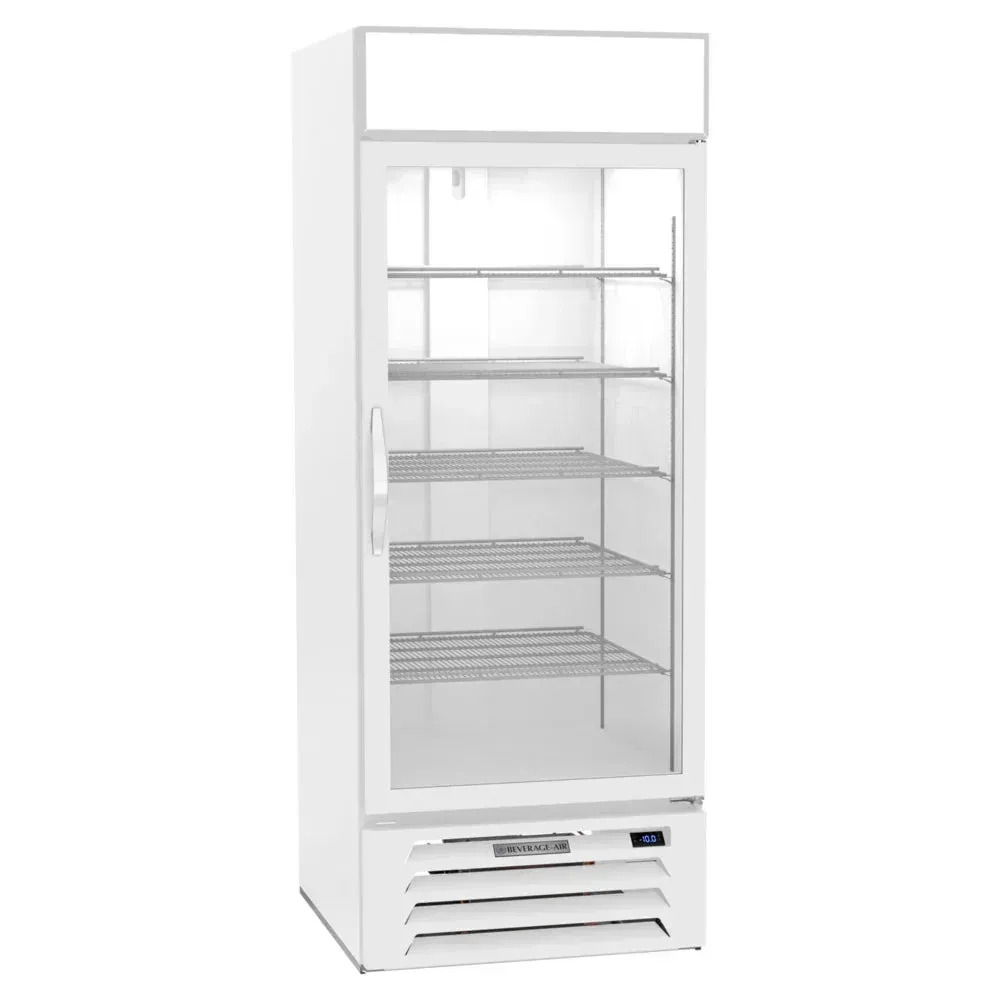 Beverage-Air sliding glass door merchandiser with LED lighting and white finish, easy access display for chilled drinks and snacks.
