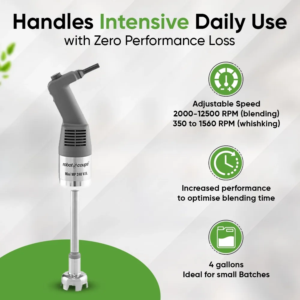 Robot Coupe mini combi blender with whisk for quick blending tasks on the go, ideal for catering events and mobile professional kitchens.