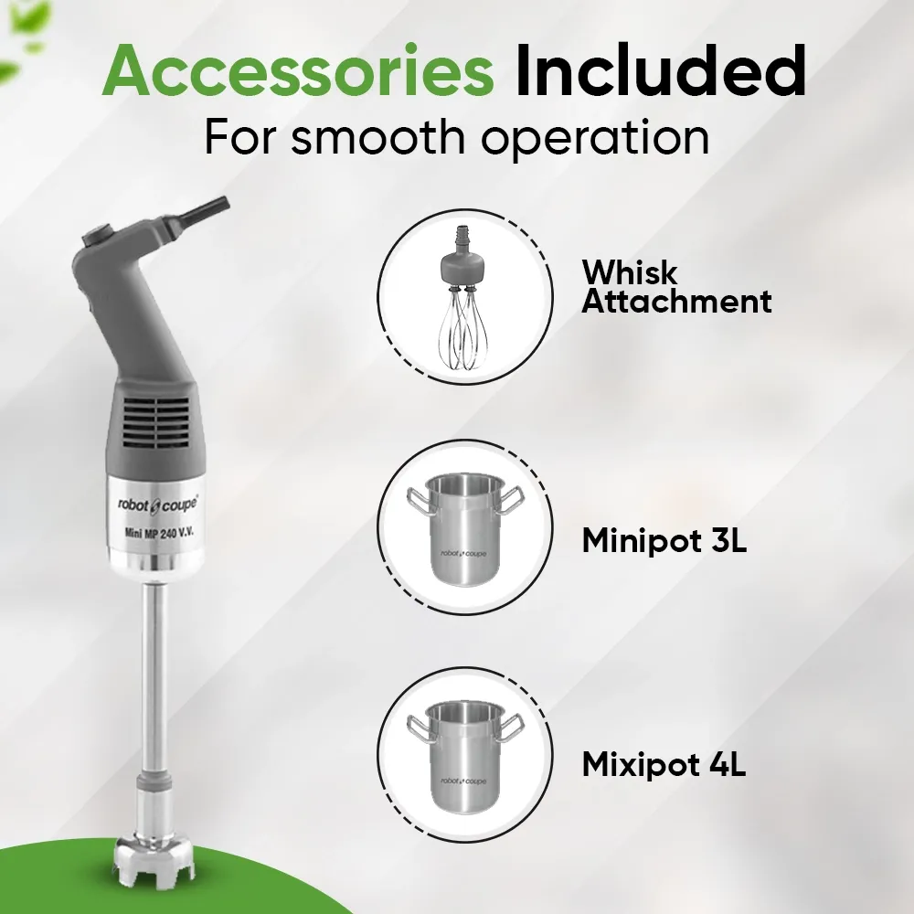 Robot Coupe mini combi blender with whisk for quick blending tasks on the go, ideal for catering events and mobile professional kitchens.
