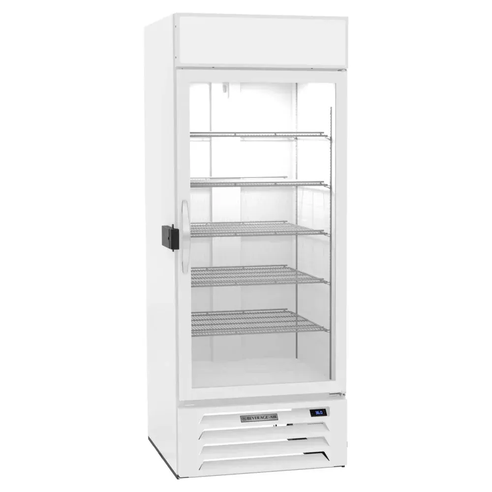 Beverage-Air white glass door merchandiser with electronic lock, compact, secure solution for chilled product storage in retail.