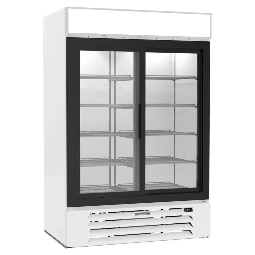 Beverage-Air white two-section glass door merchandiser refrigerator with spacious interior, ideal for storing and displaying chilled retail products.