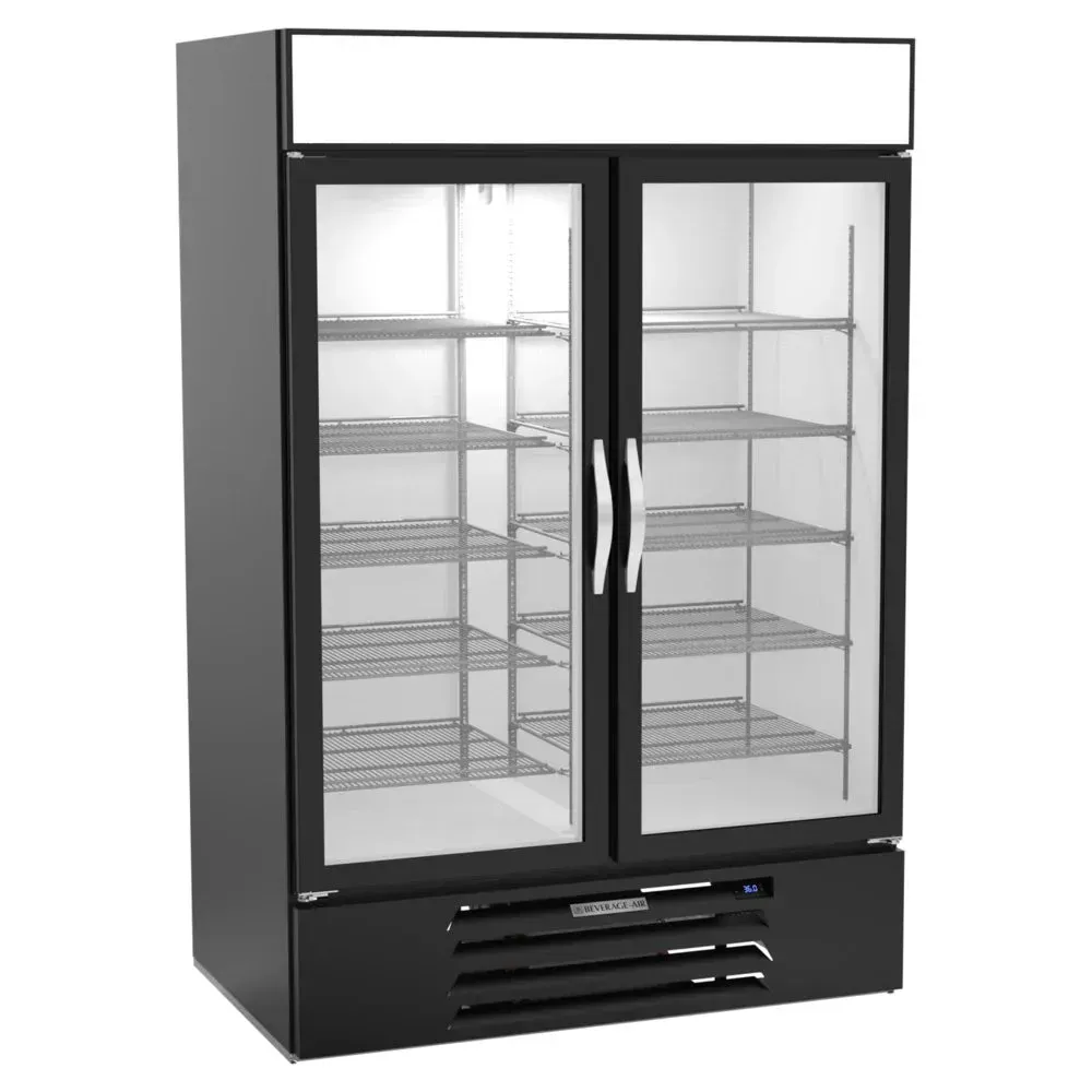 Beverage-Air black refrigerated glass door merchandiser with LED lighting, empty shelves, designed for commercial retail visibility.