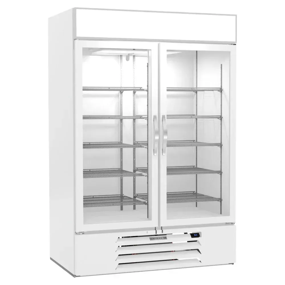 Beverage-Air white glass door merchandiser with electronic lock, LED-lit interior, sleek frame displays beverages neatly on a retail floor.