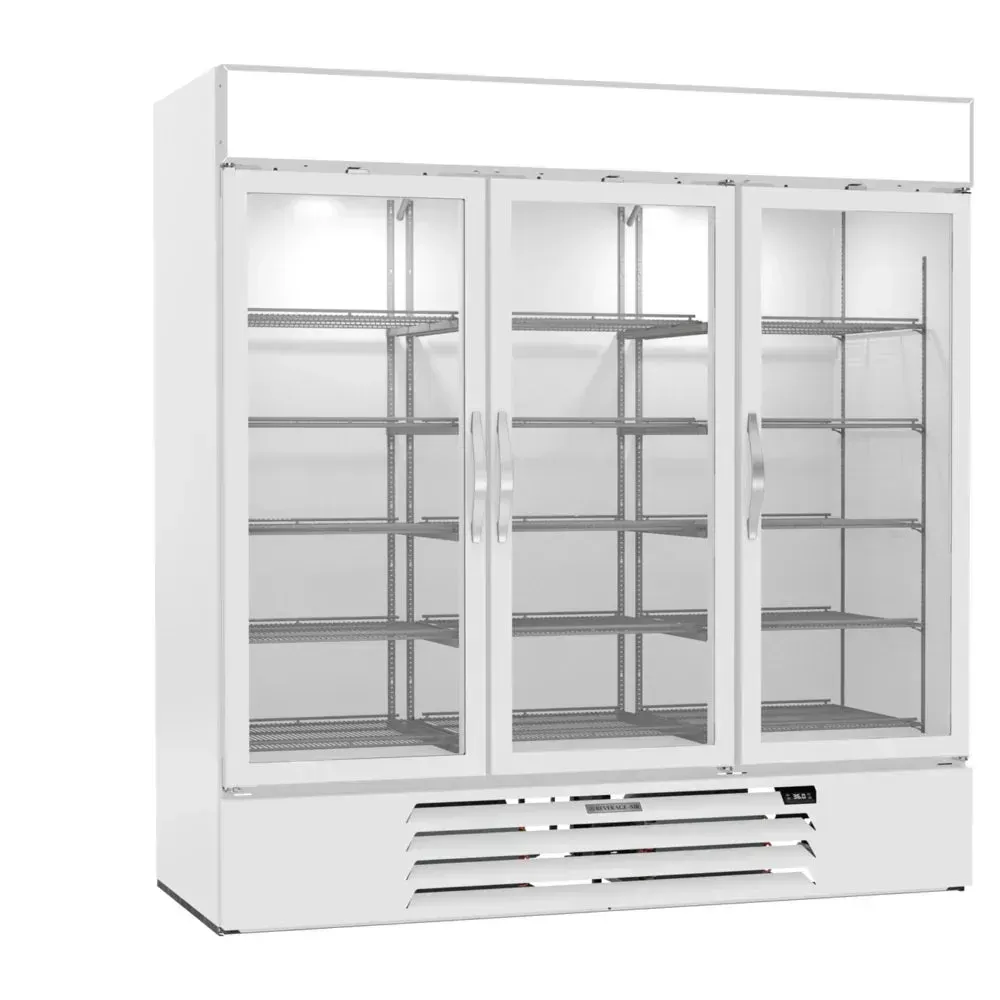 Beverage-Air tall white glass door wine cooler, soft LED glow highlights organized horizontal racks and neatly arranged bottles in modern kitchen.