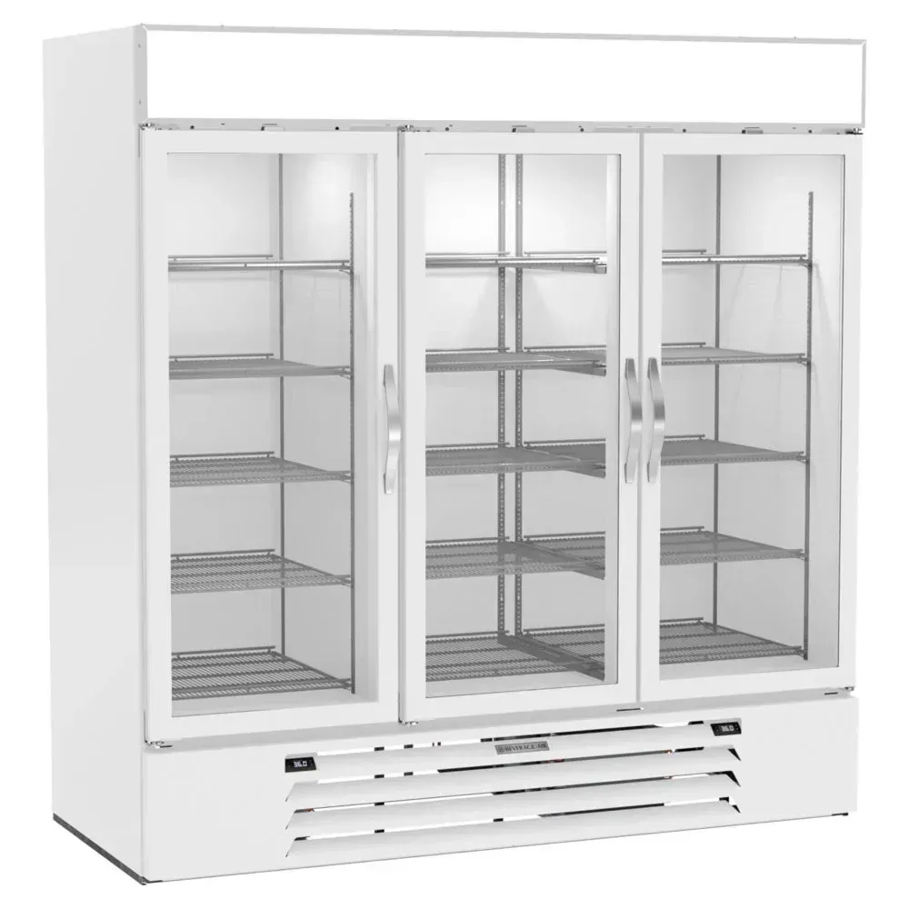 Beverage-Air tall white wine cooler with dual-zone glass doors, soft LED lighting highlights neatly arranged bottles in a modern kitchen.