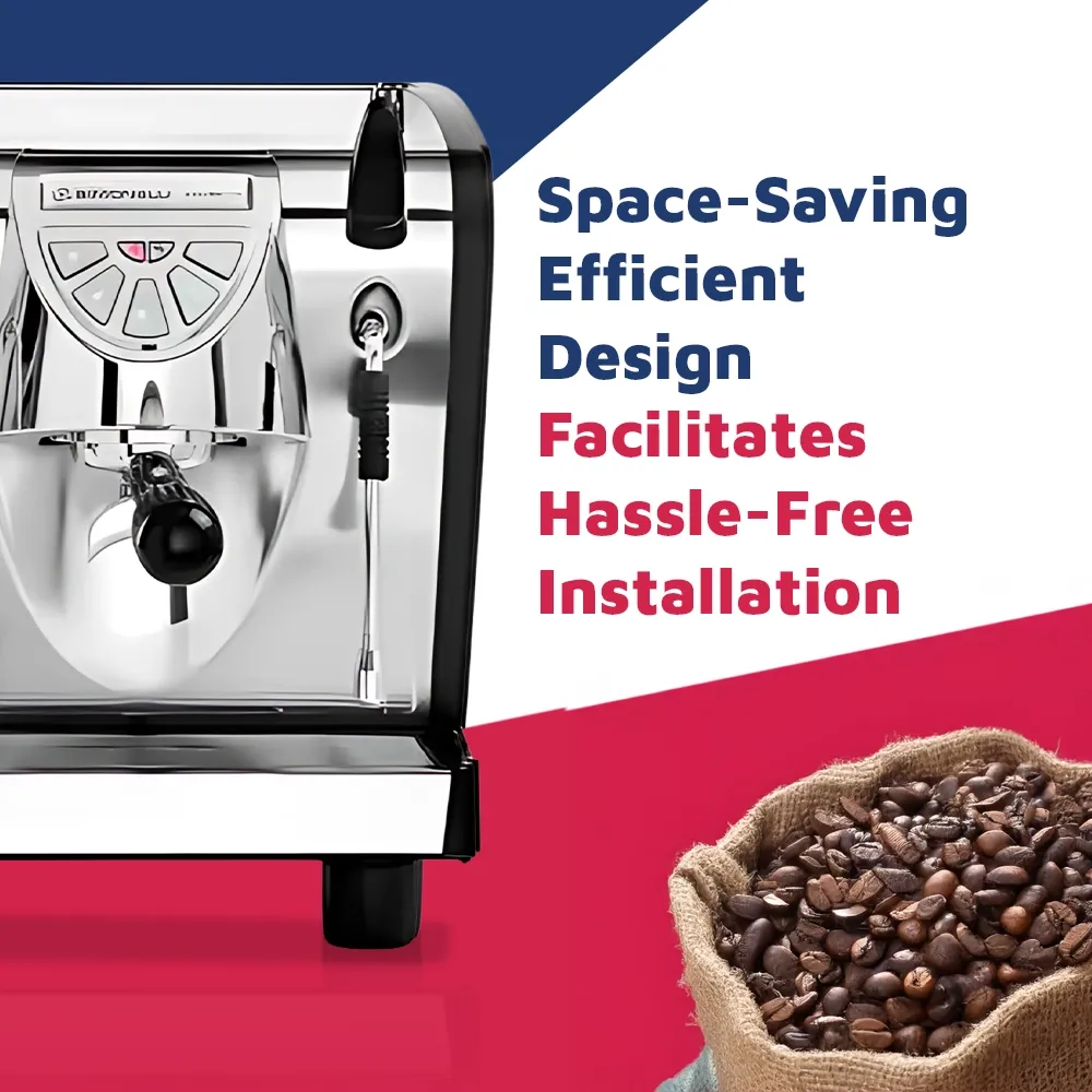 Nuova Simonelli elegant stainless espresso machine with backlit buttons and chrome accents on wood counter creates café-style crema and rich coffee.