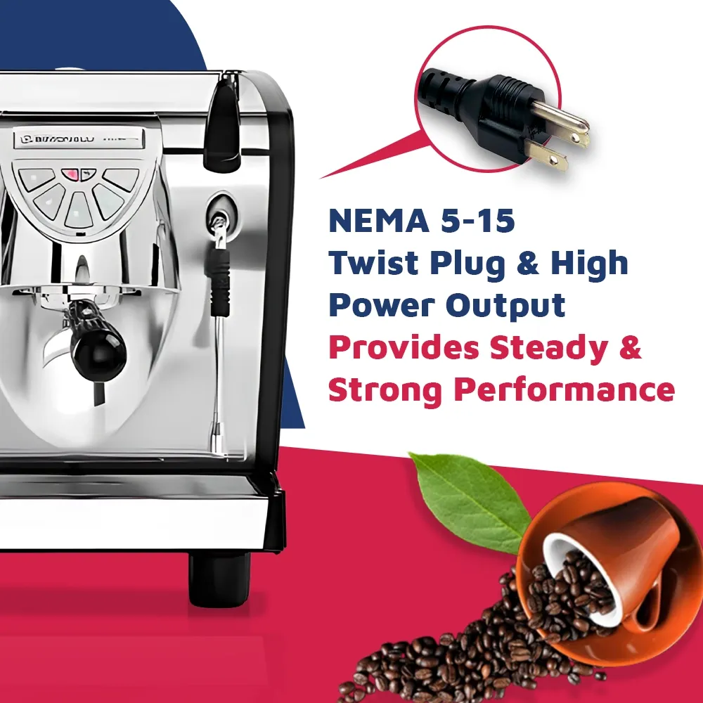 Nuova Simonelli elegant stainless espresso machine with backlit buttons and chrome accents on wood counter creates café-style crema and rich coffee.