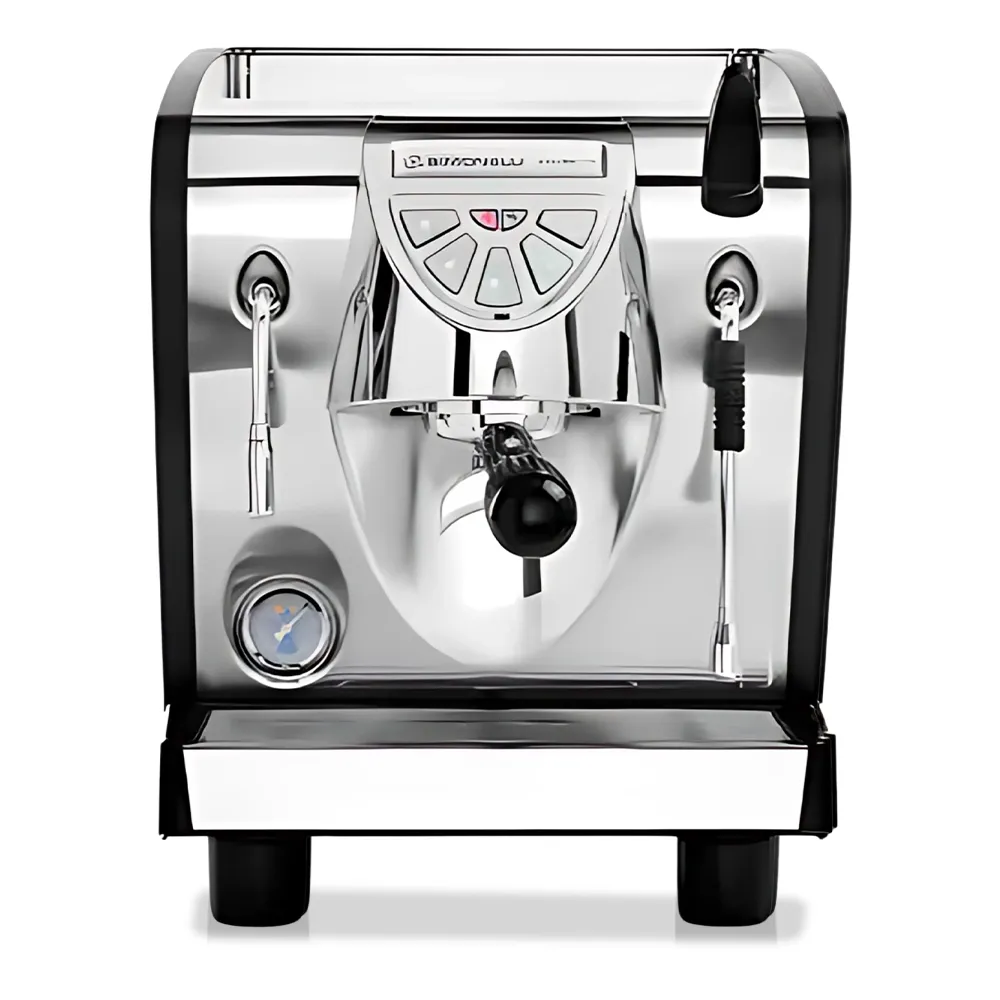 Nuova Simonelli elegant stainless espresso machine with backlit buttons and chrome accents on wood counter creates café-style crema and rich coffee.