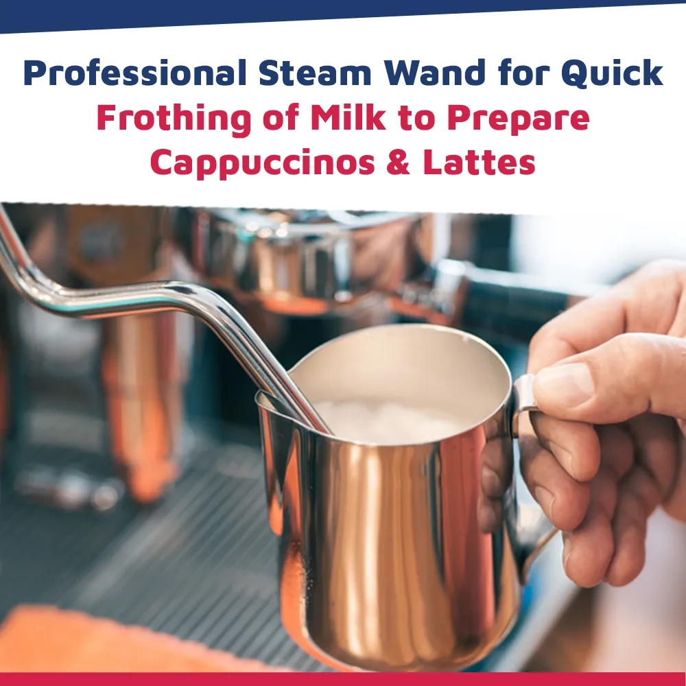 Nuova Simonelli compact espresso machine in brushed metal with touch panel and lit brew group sits on marble counter with cups ready to brew.