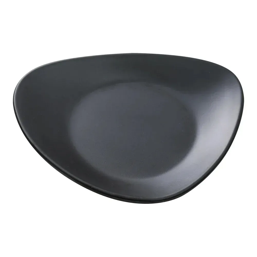Black triangular melamine plate by Yanco China, compact modern angular dish for desserts and appetizers. Durable for hotels and restaurants.