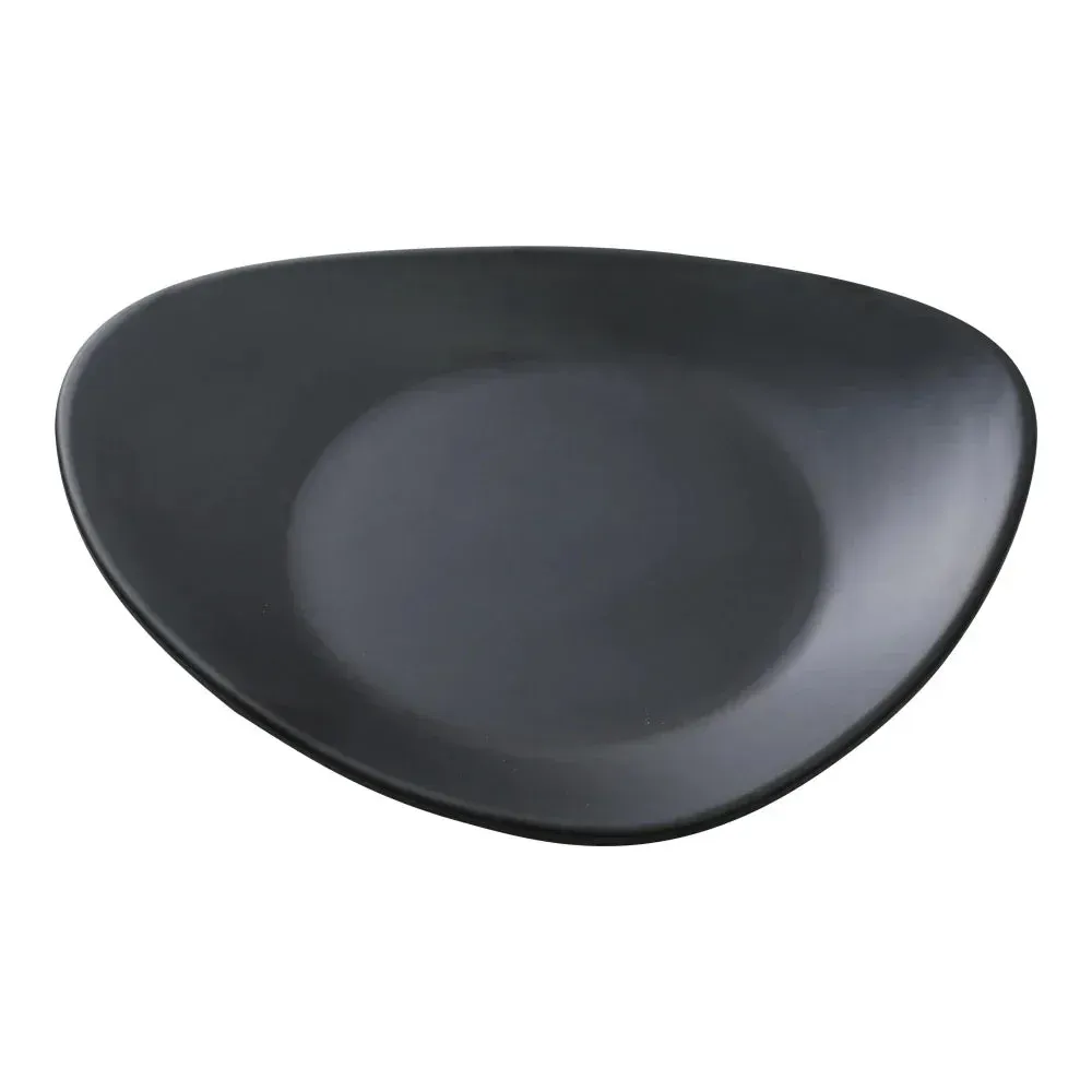 Black triangular plate by Yanco China for restaurant buffets. Modern durable design for large dinner service or serving platters.
