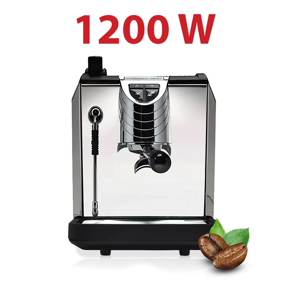 Nuova Simonelli pour-over espresso machine in glossy black with curved stainless sides sits on a wooden bar under soft morning café lighting.