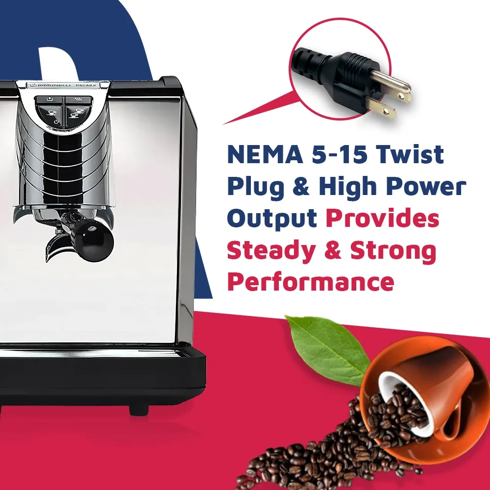 Nuova Simonelli pour-over espresso machine in glossy black with curved stainless sides sits on a wooden bar under soft morning café lighting.