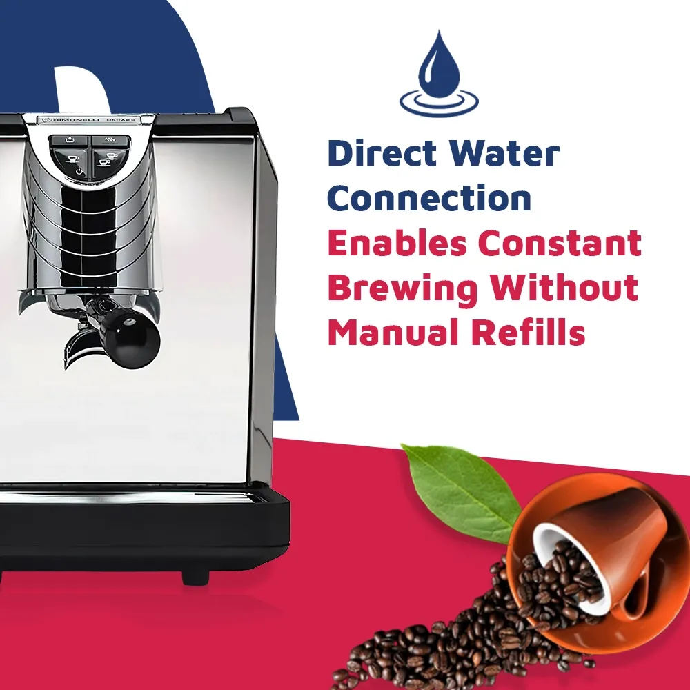 Nuova Simonelli direct-connect espresso machine in glossy black with stainless accents placed on a sleek café counter in a modern coffee setup.