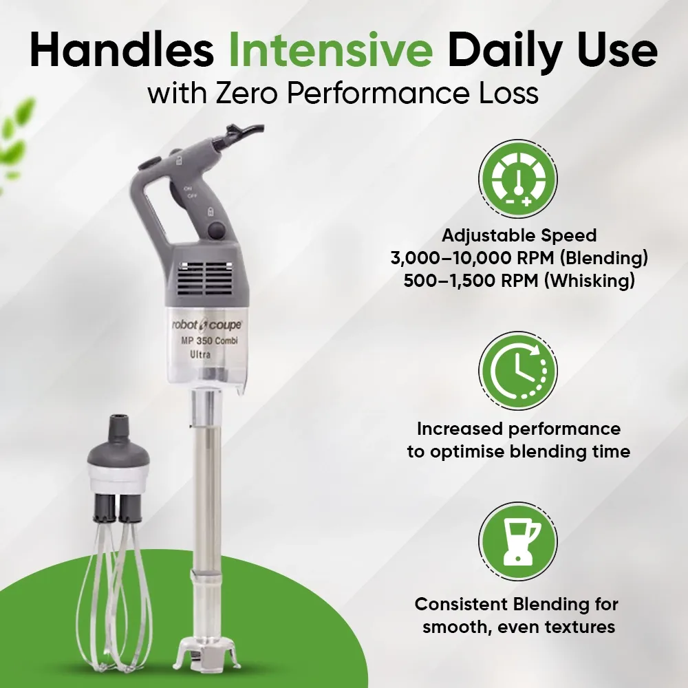 Robot Coupe compact combi turbo blender with whisk for preparing sauces, soups, dressings, and batters in restaurants and catering venues.