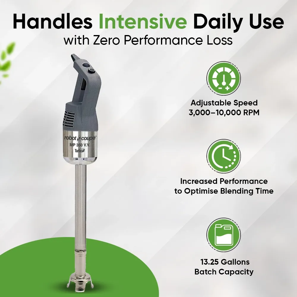 Robot Coupe Turbo VV immersion blender with 14 cm shaft and variable speed for delicate emulsions or heavy-duty prep in commercial kitchens.