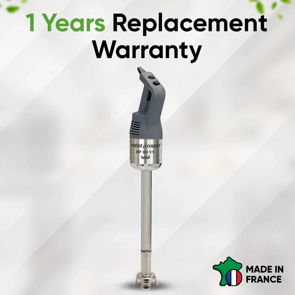 Robot Coupe Turbo VV immersion blender with 14 cm shaft and variable speed for delicate emulsions or heavy-duty prep in commercial kitchens.