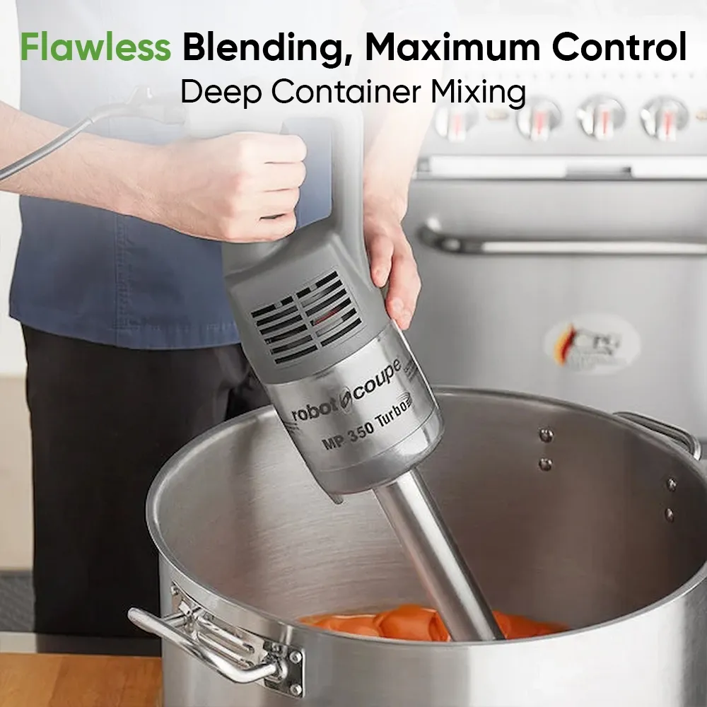 Robot Coupe Turbo VV immersion blender with 14 cm shaft and variable speed for delicate emulsions or heavy-duty prep in commercial kitchens.