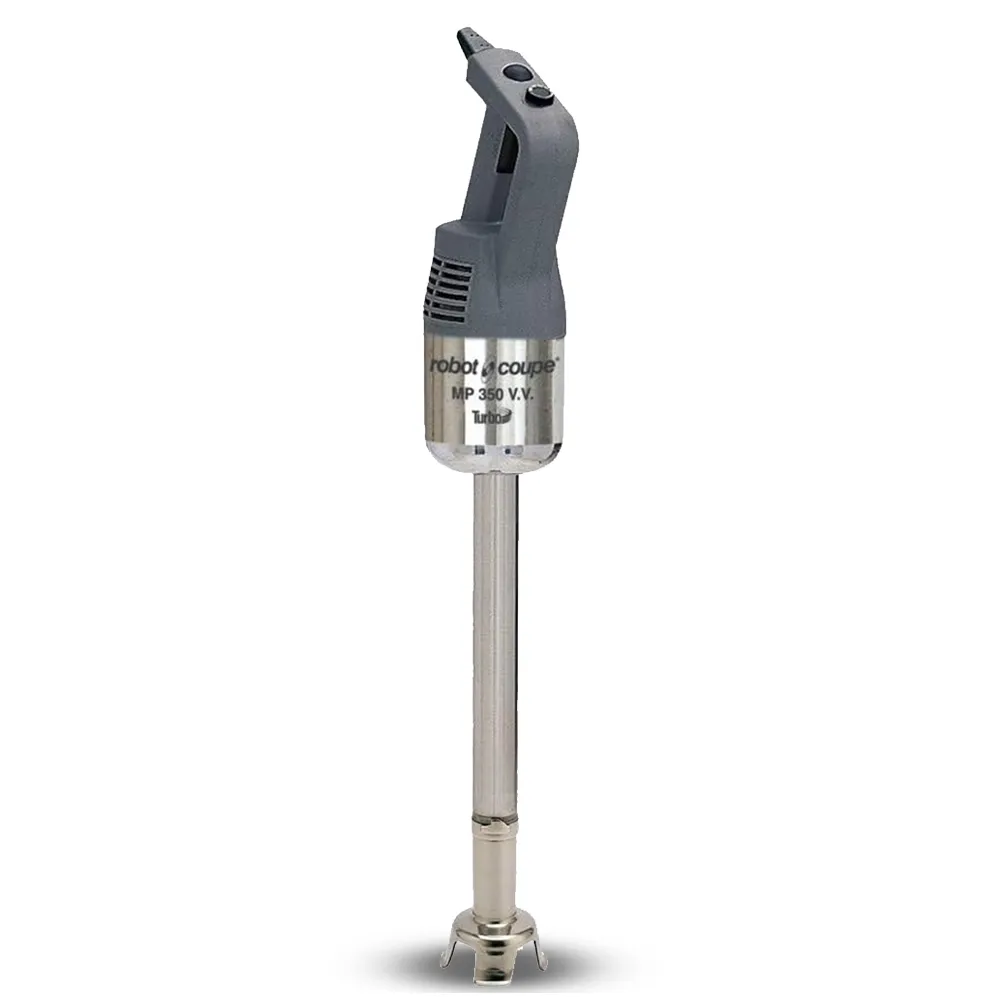 Robot Coupe Turbo VV immersion blender with 14 cm shaft and variable speed for delicate emulsions or heavy-duty prep in commercial kitchens.