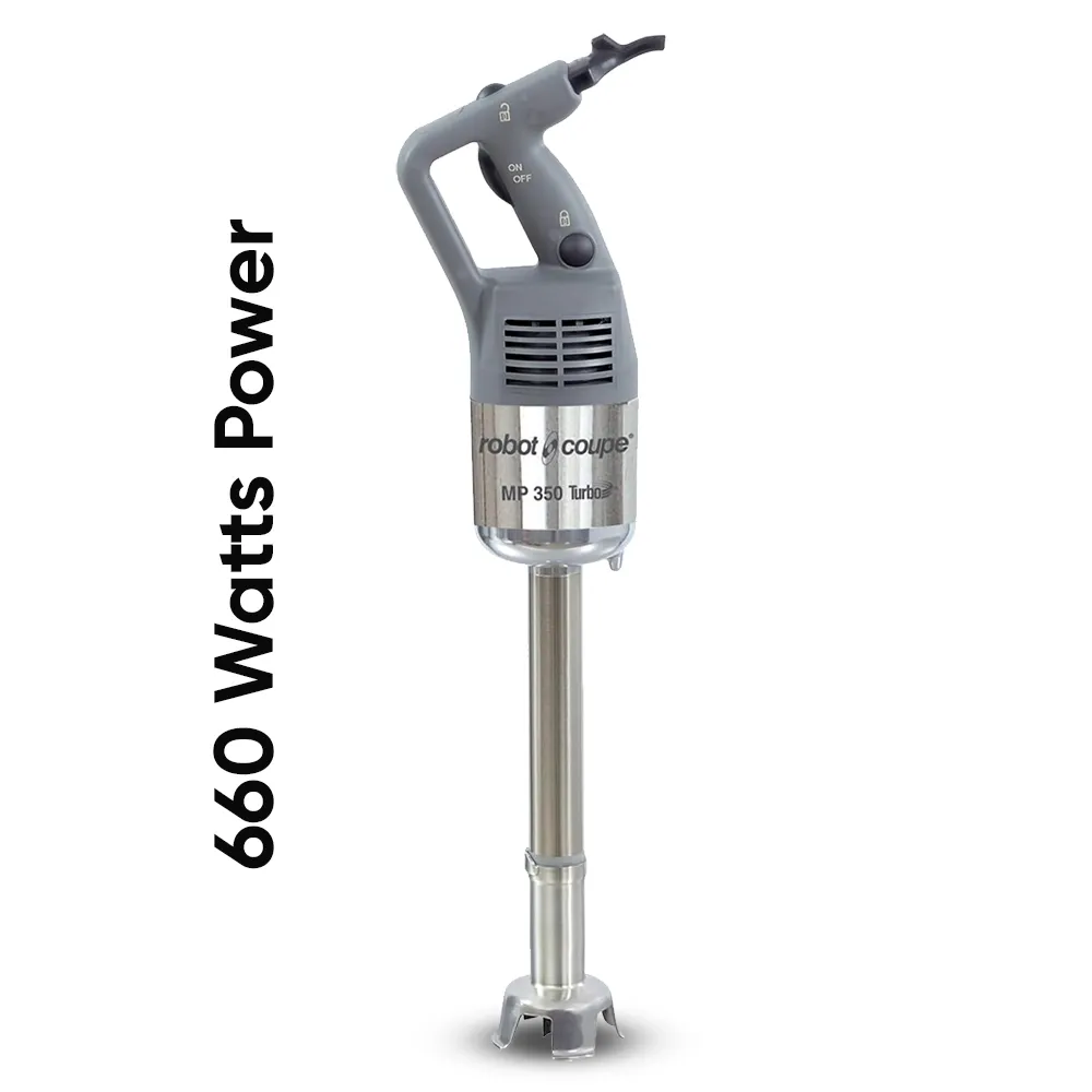 Robot Coupe compact stainless immersion blender for emulsifying sauces, soups, and dressings in cafes, restaurants, and hospitality kitchens.