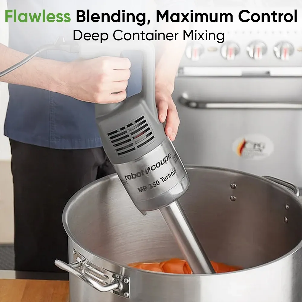 Robot Coupe compact stainless immersion blender for emulsifying sauces, soups, and dressings in cafes, restaurants, and hospitality kitchens.