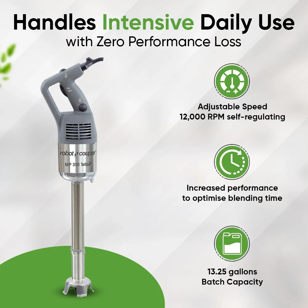 Robot Coupe compact stainless immersion blender for emulsifying sauces, soups, and dressings in cafes, restaurants, and hospitality kitchens.