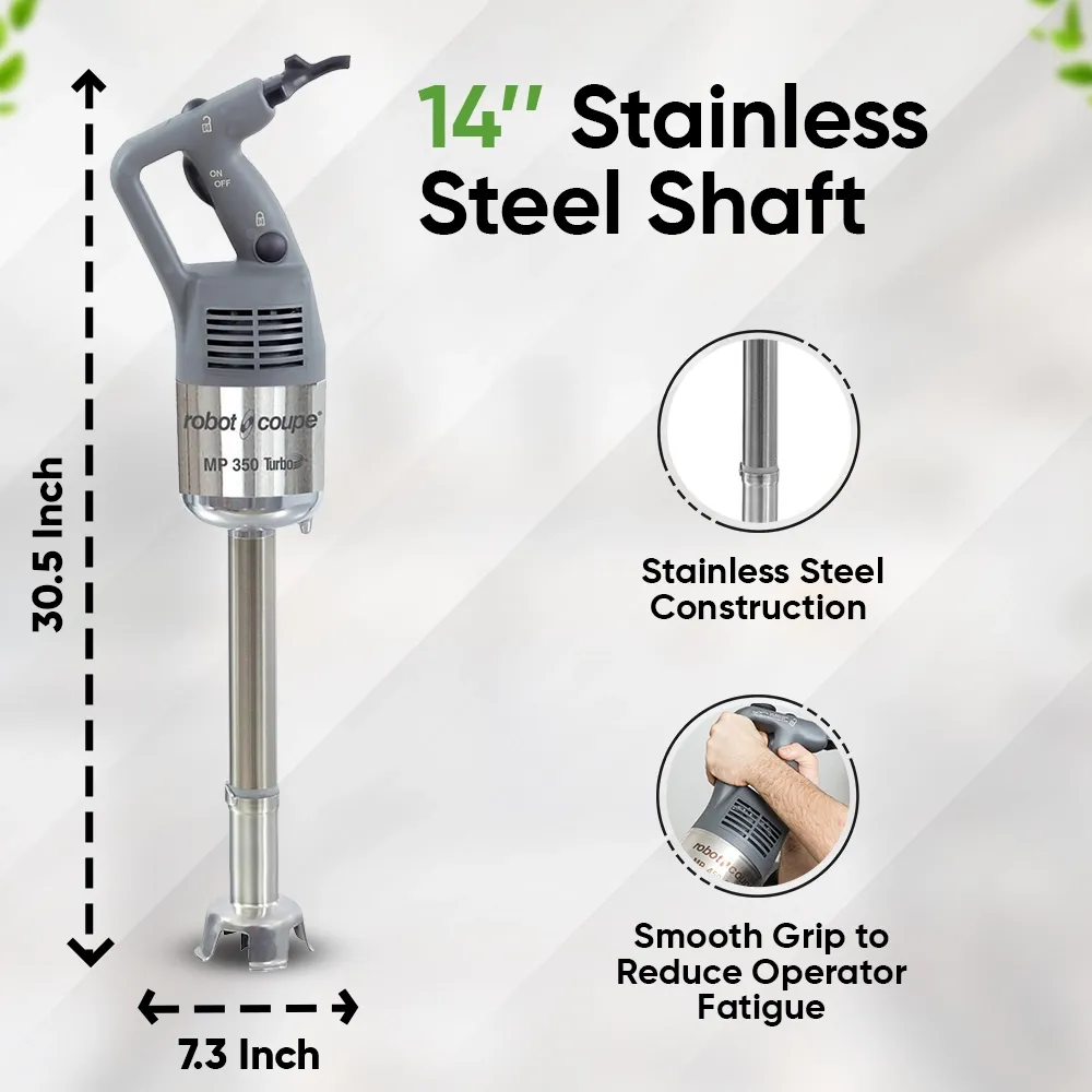 Robot Coupe compact stainless immersion blender for emulsifying sauces, soups, and dressings in cafes, restaurants, and hospitality kitchens.