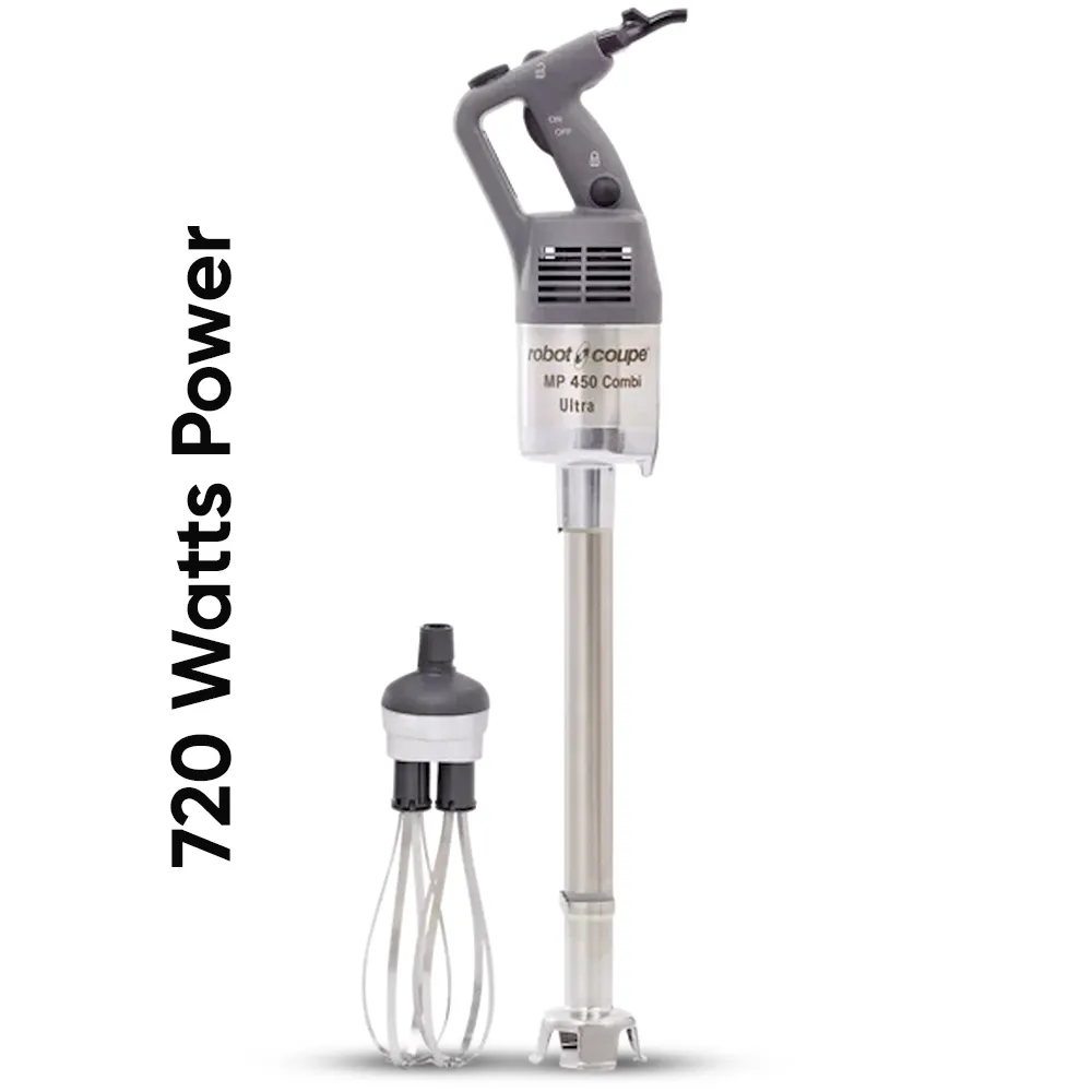 Robot Coupe combi turbo immersion blender with whisk and chopper attachments for versatile blending, chopping, and whisking in kitchens.