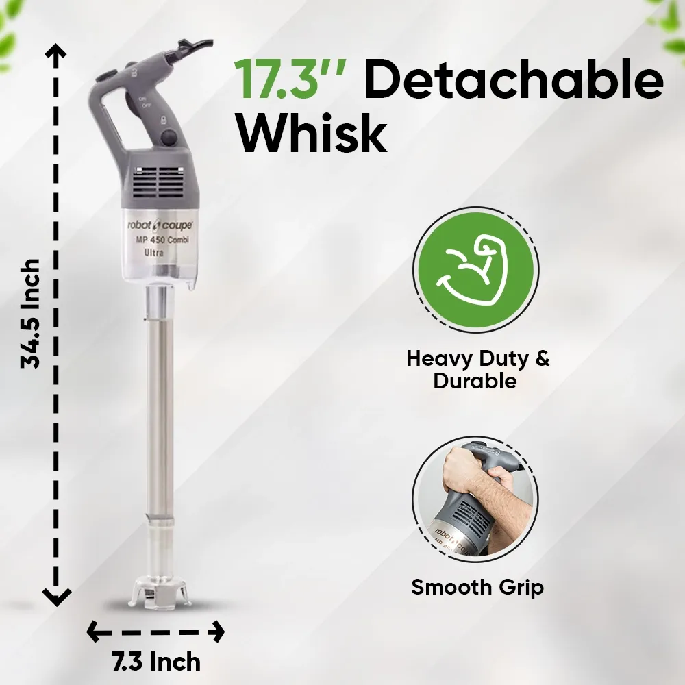 Robot Coupe combi turbo immersion blender with whisk and chopper attachments for versatile blending, chopping, and whisking in kitchens.