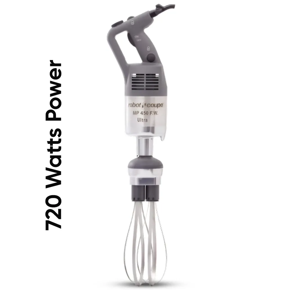 Robot Coupe variable speed immersion blender with stainless whisk for efficient emulsifying, mixing, and blending in commercial kitchens.