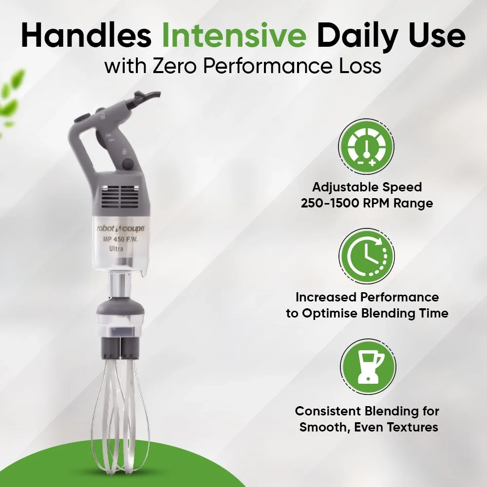 Robot Coupe variable speed immersion blender with stainless whisk for efficient emulsifying, mixing, and blending in commercial kitchens.