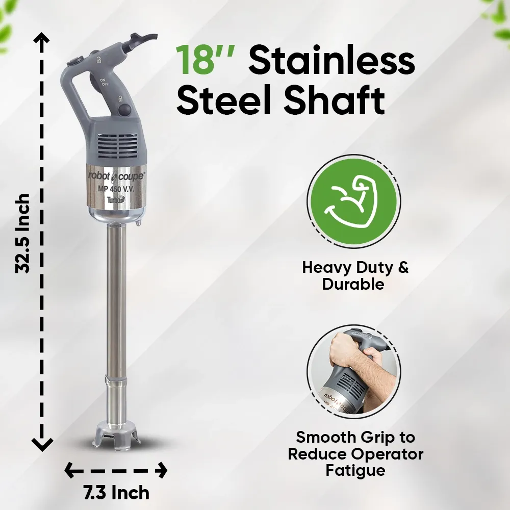 Robot Coupe VV variable speed immersion blender for precise blending control of soups, purees, and sauces in professional kitchen settings.