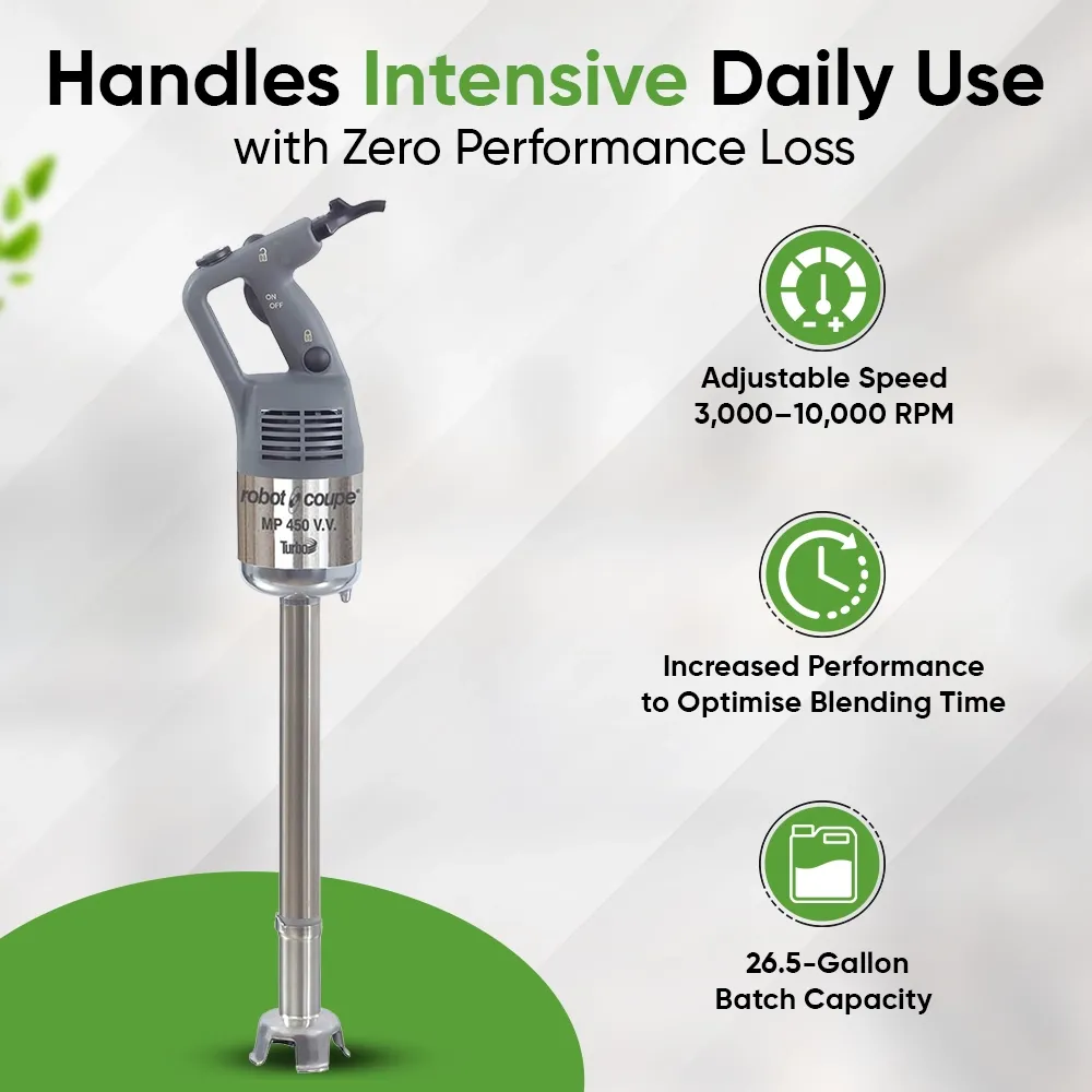 Robot Coupe VV variable speed immersion blender for precise blending control of soups, purees, and sauces in professional kitchen settings.