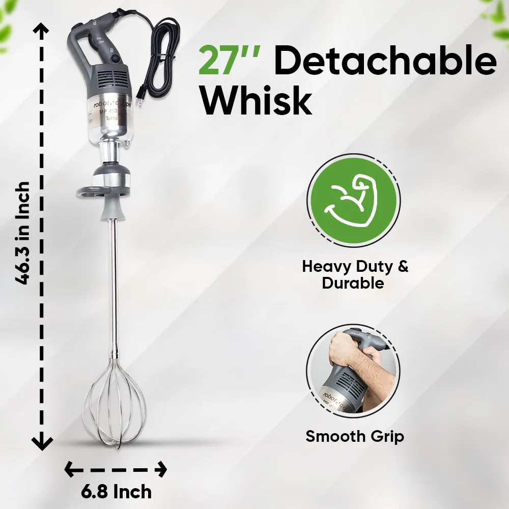 Robot Coupe heavy-duty immersion blender with variable speed, long whisk, and powerful motor for soups, sauces, and purees in pro kitchens.