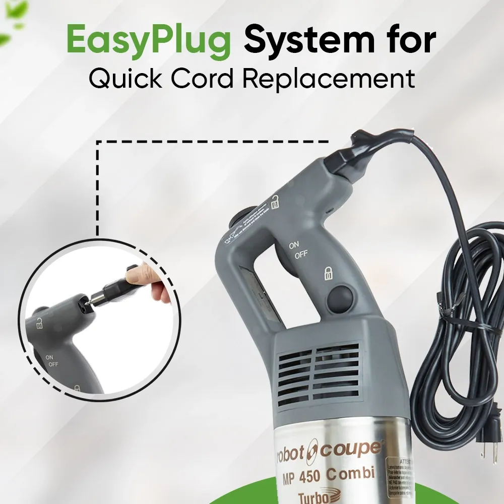 Robot Coupe heavy-duty immersion blender with variable speed, long whisk, and powerful motor for soups, sauces, and purees in pro kitchens.