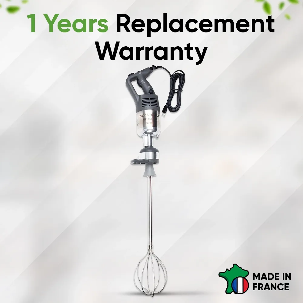 Robot Coupe heavy-duty immersion blender with variable speed, long whisk, and powerful motor for soups, sauces, and purees in pro kitchens.