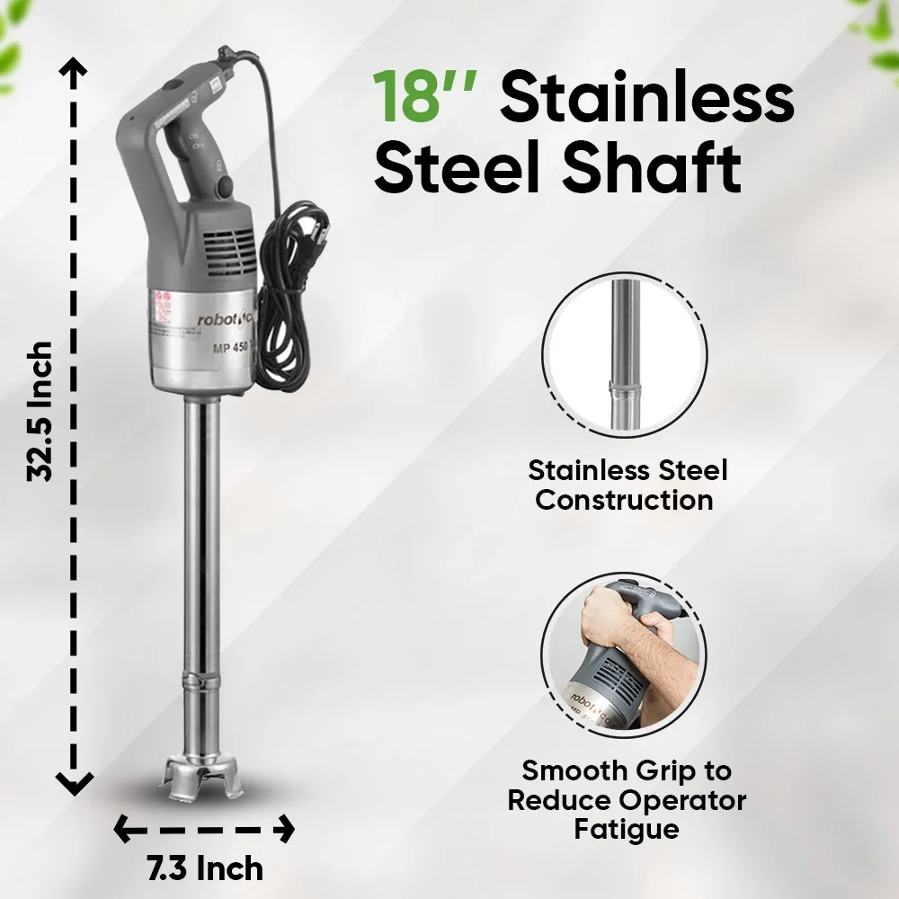 Robot Coupe robust stainless immersion blender for pureeing large batches of soups, sauces, and dressings in restaurants and catering.