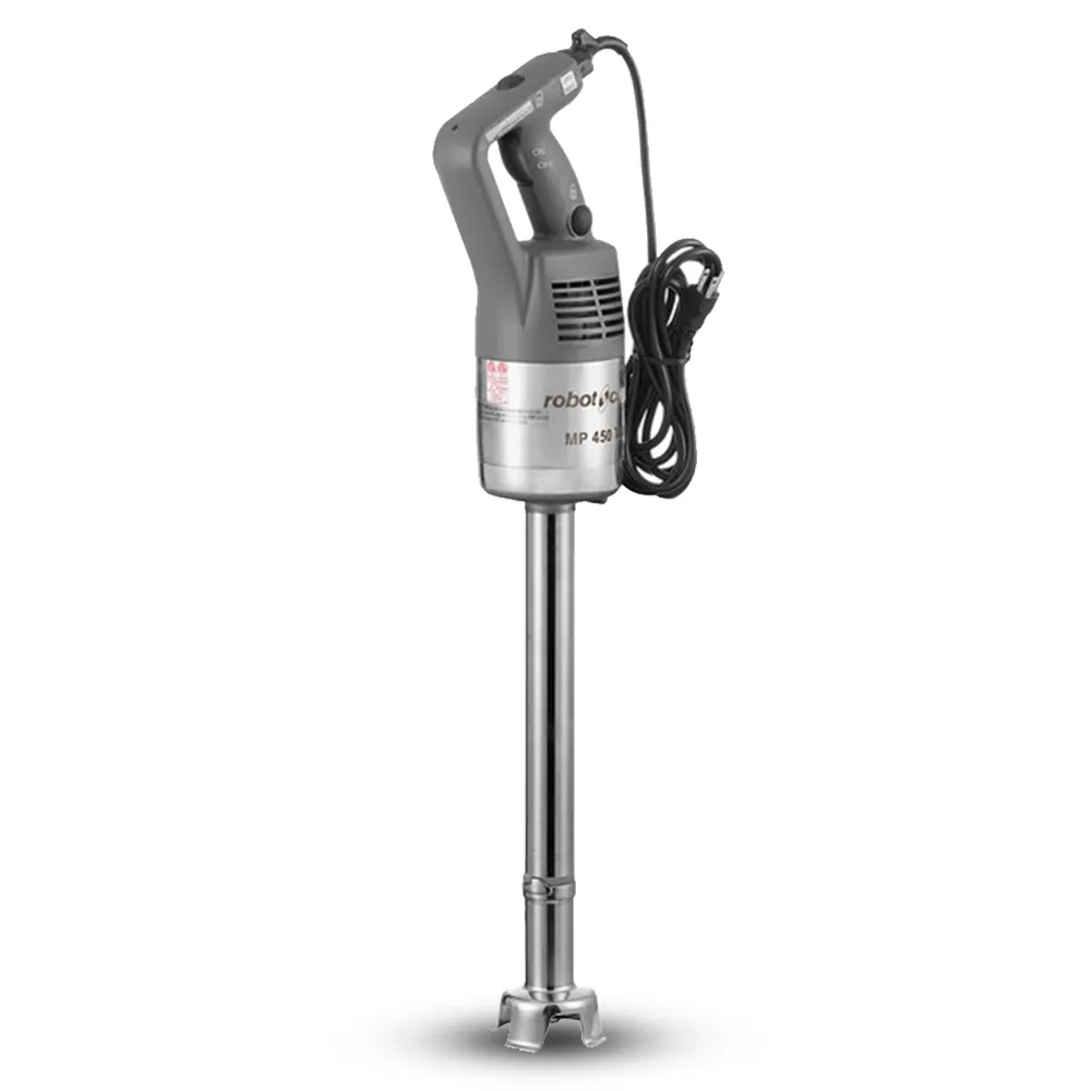 Robot Coupe robust stainless immersion blender for pureeing large batches of soups, sauces, and dressings in restaurants and catering.