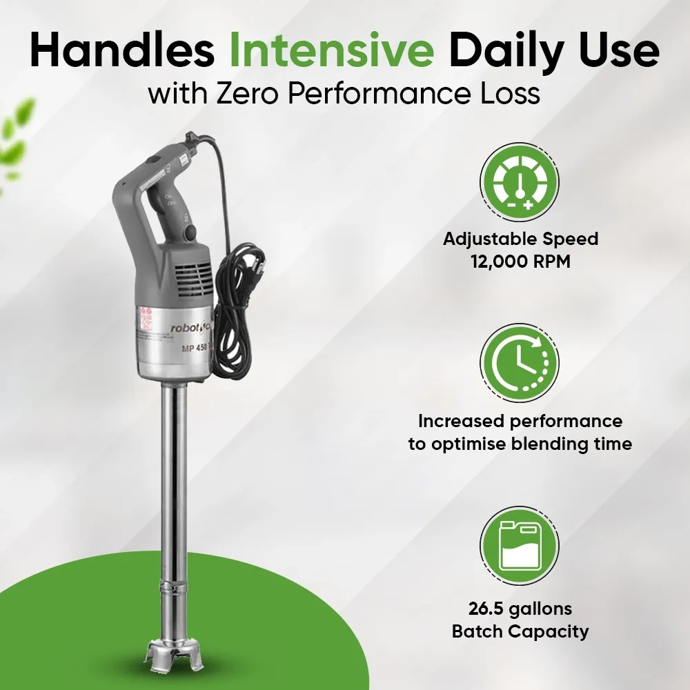 Robot Coupe robust stainless immersion blender for pureeing large batches of soups, sauces, and dressings in restaurants and catering.