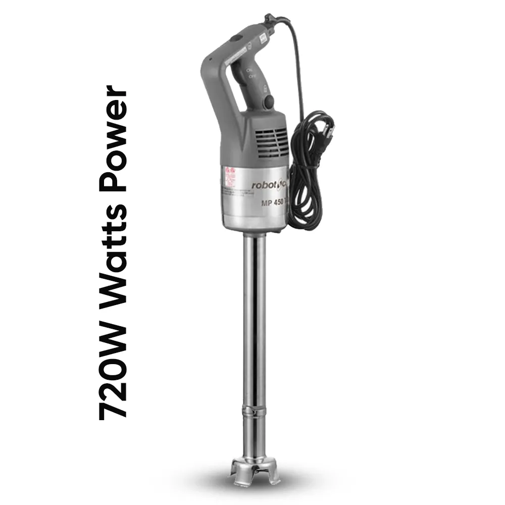Robot Coupe robust stainless immersion blender for pureeing large batches of soups, sauces, and dressings in restaurants and catering.